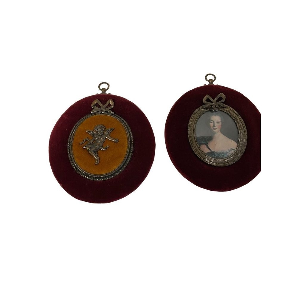 Vintage Miniature Wall Art Set Unisex OS Burgundy Velvet Cherub Portrait Bows - Picture 2 of 10